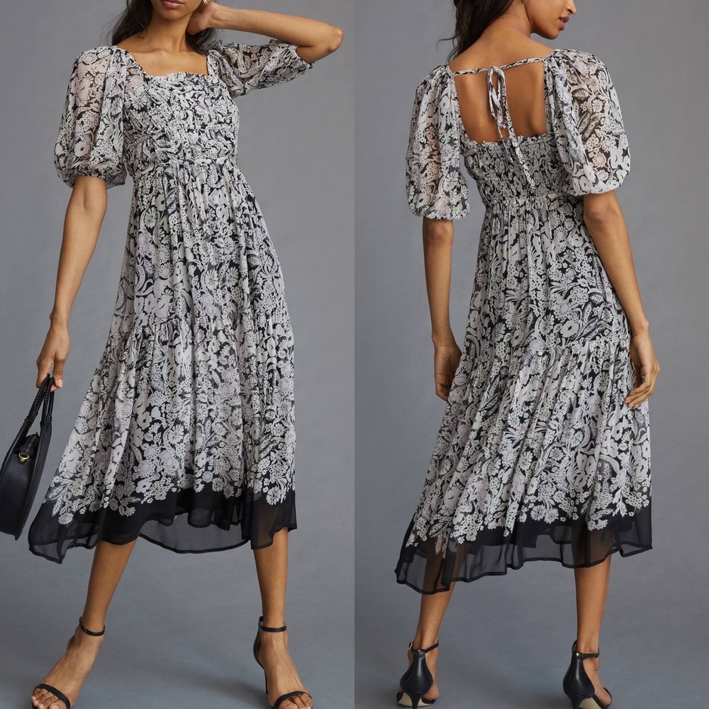 Anthropologie Smocked Square Neck Midi Dress Floral Small Black Lavender